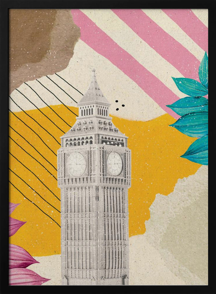A modern art collage featuring a black and white cutout of London's Big Ben clock tower. The background is a mix of textures and patterns, including a mustard yellow section with black lines, pink and white diagonal stripes, and torn paper effects in brown and off-white. The composition is embellished with vibrant teal and pink leaves. Poster