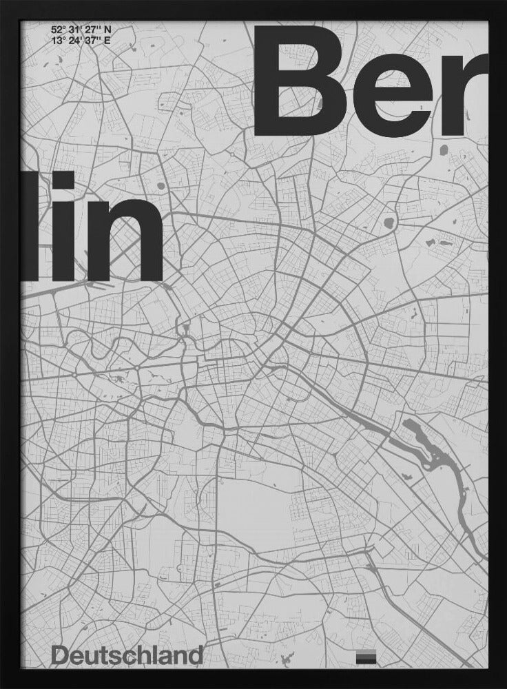 A minimalist, framed poster of a street map of Berlin, Germany. The map is rendered in shades of gray, with large, bold black text spelling 'Berlin' overlaid on the map. The city's coordinates and the word 'Deutschland' are also included in a clean, modern font. Wall Art