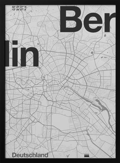 A minimalist, framed poster of a street map of Berlin, Germany. The map is rendered in shades of gray, with large, bold black text spelling 'Berlin' overlaid on the map. The city's coordinates and the word 'Deutschland' are also included in a clean, modern font. Wall Art