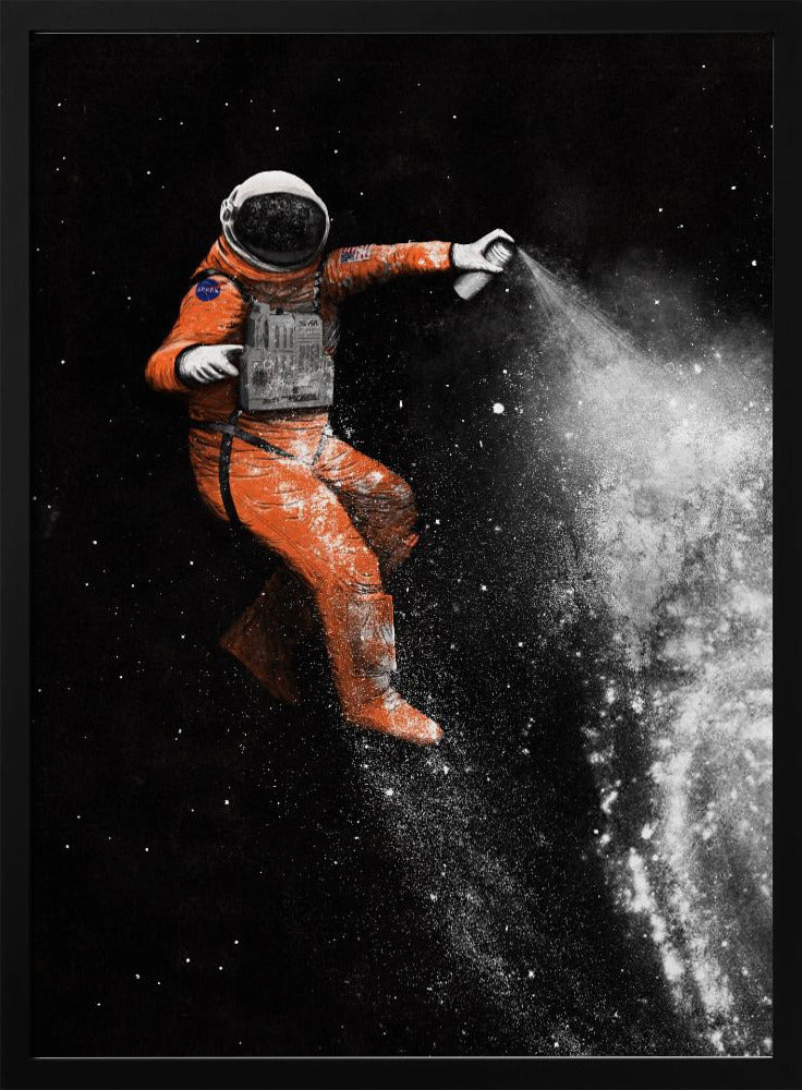 A surreal artwork of an astronaut in a vibrant orange spacesuit floating in black space, creating a galaxy with a white spray paint can. Print