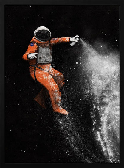 A surreal artwork of an astronaut in a vibrant orange spacesuit floating in black space, creating a galaxy with a white spray paint can. Print