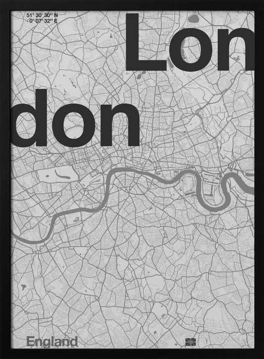 A framed, minimalist black and white street map of London. The word 'London' is split into two lines, 'Lon' and 'don', in large, bold black font overlaid on the light grey map. The River Thames snakes through the center in a darker grey, matching the intricate street grid. Coordinates are in the top left corner, and 'England' is in the bottom left. Decor