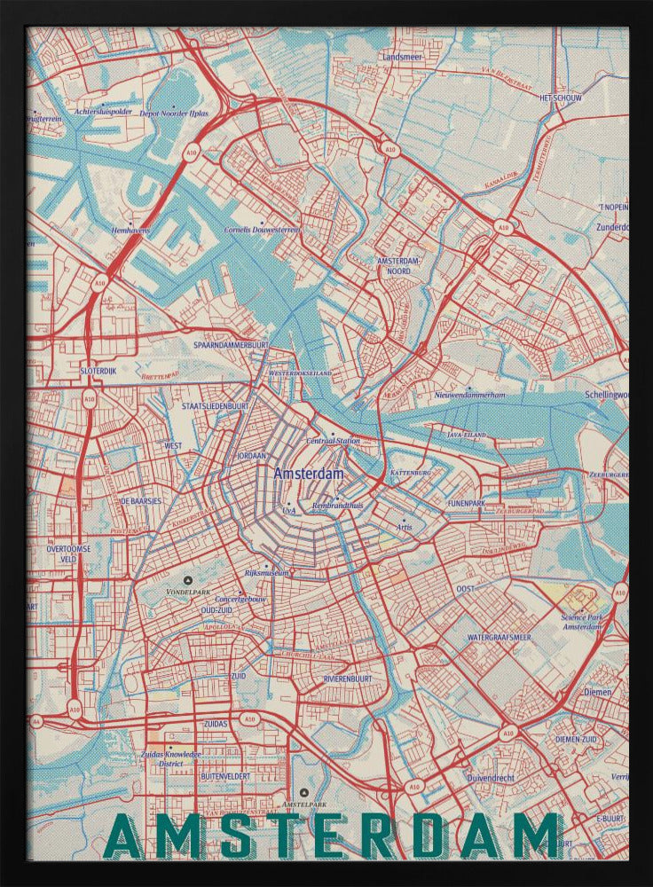 A stylized, retro-style map of Amsterdam, Netherlands, displayed within a black frame. The map features a network of red roads, light blue canals and waterways, on a cream-colored background, with the word 'AMSTERDAM' in large, dark teal letters at the bottom. Wall Art