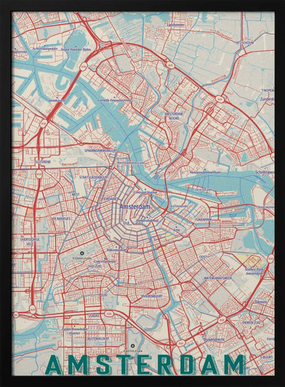 A stylized, retro-style map of Amsterdam, Netherlands, displayed within a black frame. The map features a network of red roads, light blue canals and waterways, on a cream-colored background, with the word 'AMSTERDAM' in large, dark teal letters at the bottom. Wall Art