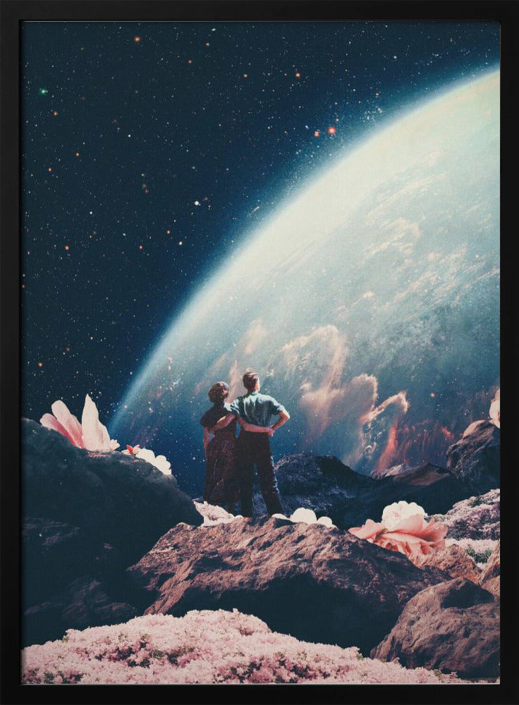A surreal collage showing a couple standing on a rocky, alien landscape dotted with large pink flowers, gazing up at a vast, star-filled cosmos dominated by the glowing curve of a massive planet. Decor