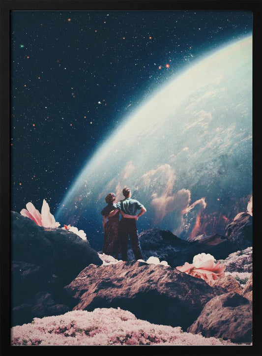 A surreal collage showing a couple standing on a rocky, alien landscape dotted with large pink flowers, gazing up at a vast, star-filled cosmos dominated by the glowing curve of a massive planet. Decor