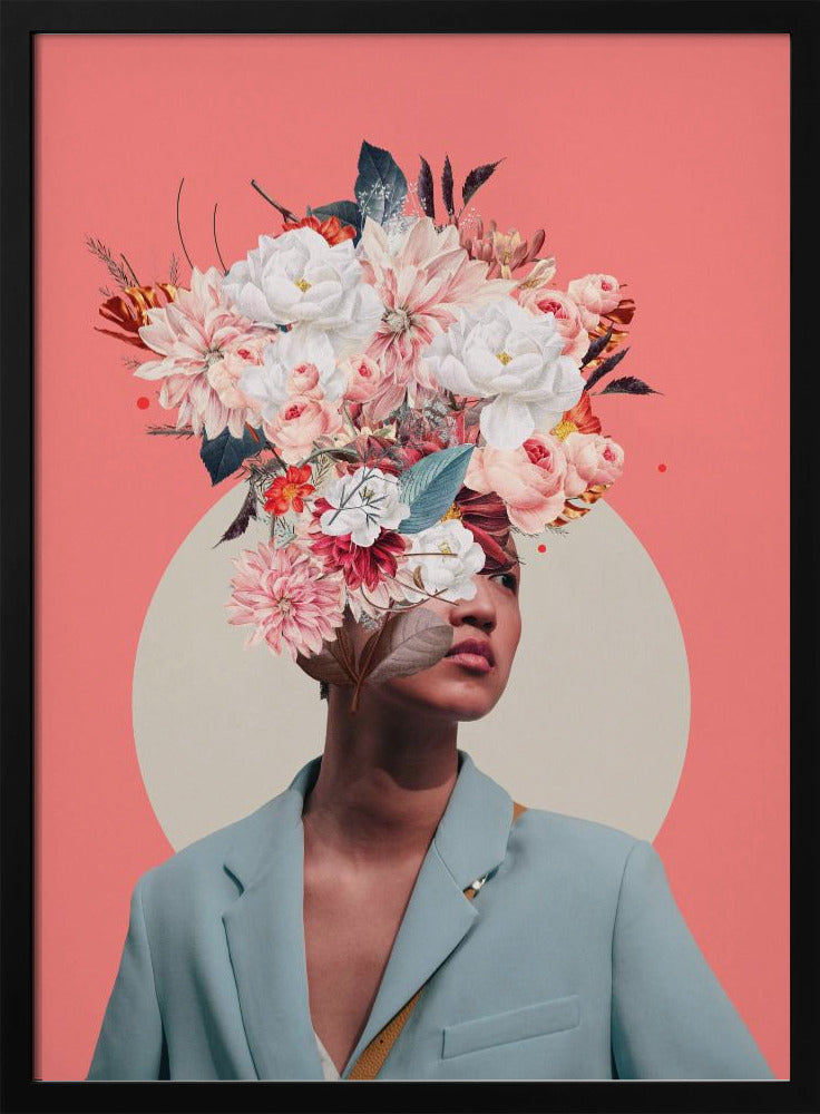 A surreal collage portrait of a person wearing a light blue blazer against a coral pink background. Their head is an explosion of various flowers, including white peonies and pink dahlias, creating a vibrant and artistic headpiece. A large, off-white circle is positioned behind them. Poster