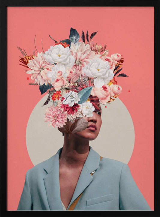 A surreal collage portrait of a person wearing a light blue blazer against a coral pink background. Their head is an explosion of various flowers, including white peonies and pink dahlias, creating a vibrant and artistic headpiece. A large, off-white circle is positioned behind them. Poster