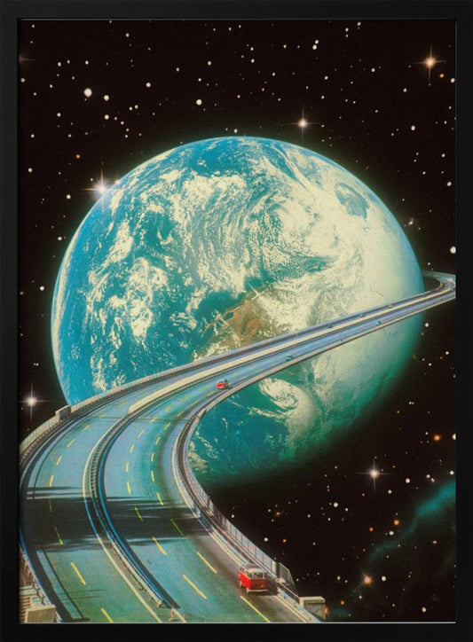 A surreal, vintage-style collage depicting a multi-lane highway encircling the planet Earth like the rings of Saturn. Two small, red vintage cars are driving along the road against a backdrop of a star-filled black sky. Print