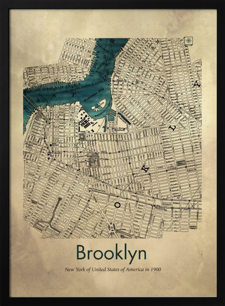 A framed vintage map poster of Brooklyn, New York from the year 1900. The map details the city's grid-like streets on an aged, beige paper background, with the waterways, including Wallabout Bay, highlighted in a vibrant teal color. The poster is titled "Brooklyn" in a dark green font at the bottom. Decor