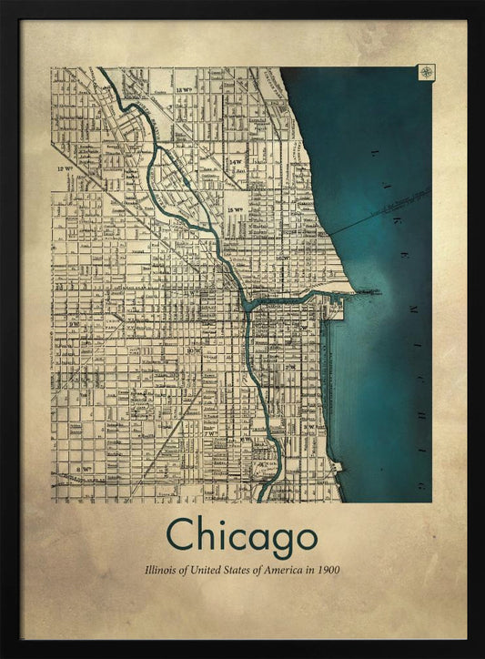 A framed vintage-style map of Chicago from the year 1900. The map details the city grid on an aged beige paper background, with Lake Michigan and the Chicago River highlighted in a deep teal color. Below the map, text reads 'Chicago' and 'Illinois of United States of America in 1900'. Artwork