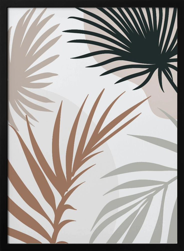 A modern art print in a black frame featuring stylized silhouettes of palm leaves. The fronds are colored in dark green, brown, beige, and light gray, overlapping on a light background with faint, large, muted pink circles. Print