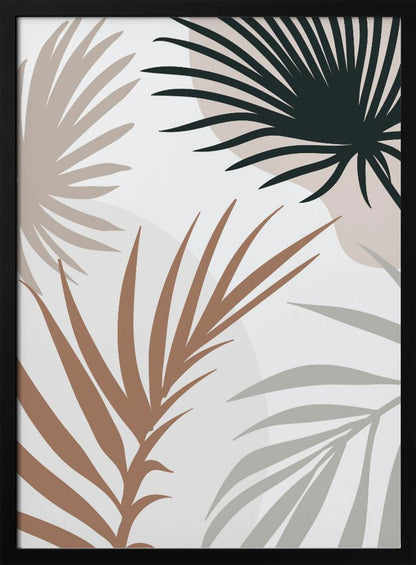 A modern art print in a black frame featuring stylized silhouettes of palm leaves. The fronds are colored in dark green, brown, beige, and light gray, overlapping on a light background with faint, large, muted pink circles. Print