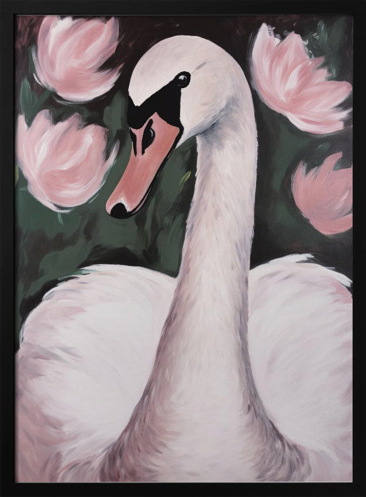 A majestic white swan gracefully swimming in a calm pond, surrounded by lush natural scenery. Decor
