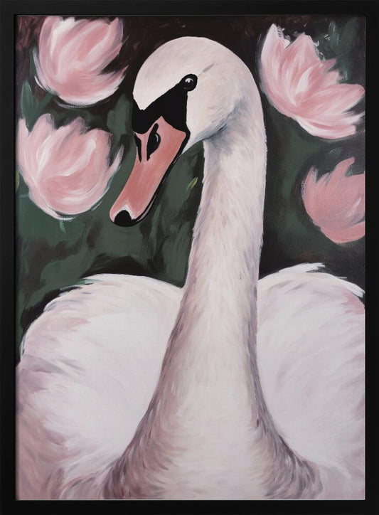 A majestic white swan gracefully swimming in a calm pond, surrounded by lush natural scenery. Decor