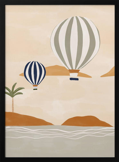 A modern illustration of two striped hot air balloons floating over a calm sea and rolling terracotta hills. The larger balloon is sage green and white, while the smaller one is dark blue and white. A single palm tree stands on the shore under a soft beige sky. Print