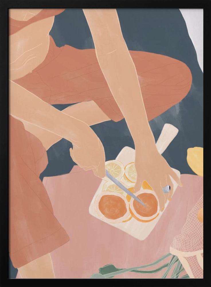 A minimalist, color-blocked illustration showing a person from an overhead view, wearing rust-colored clothes while slicing oranges and lemons on a white cutting board. The scene is set against a background of deep blue and soft pink. Print