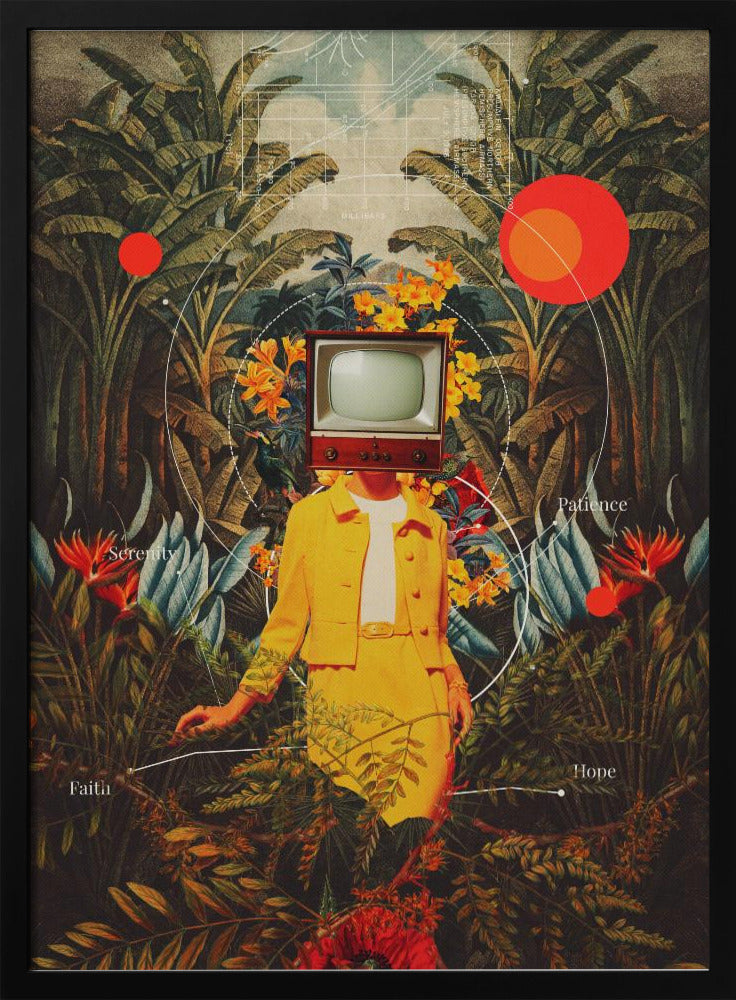A surreal vintage-style collage of a person with a retro television for a head, wearing a bright yellow suit. They stand amidst a lush tropical jungle of green leaves and colorful flowers. Abstract elements like red circles and white lines connect to the words 'Patience', 'Serenity', 'Hope', and 'Faith'. Poster