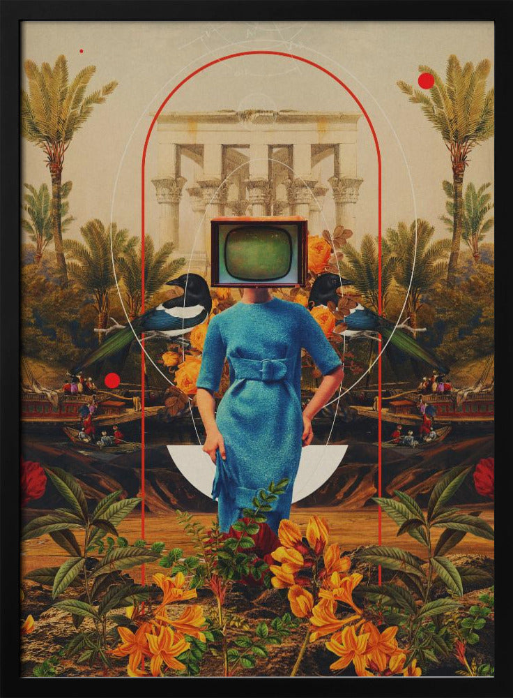A surreal collage featuring a woman in a vintage blue dress with a retro television for a head. She stands in a lush landscape with palm trees, classical architecture, and magpies, framed by abstract red and white arches. The foreground is filled with vibrant orange and yellow flowers. Artwork