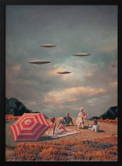 A surreal vintage collage showing a family having a picnic in a field of orange flowers under a cloudy sky, while four flying saucers hover peacefully above them. Print