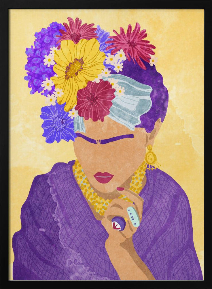 A stylized portrait illustration of a woman resembling Frida Kahlo against a yellow background. She wears a crown of vibrant purple, yellow, and magenta flowers, a purple dress, and gold jewelry. Her face is abstracted, featuring her iconic unibrow and red lipstick. Wall Art