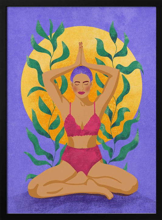 A colorful illustration of a woman with purple hair meditating in a yoga pose. She sits cross-legged with her hands pressed together above her head, wearing a pink lingerie set. Behind her is a large yellow sun against a purple background, framed by green leaves. Print