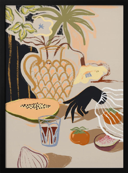 A modern, painterly still life illustration featuring a collection of objects on a beige tabletop. A patterned pitcher holds flowers and a palm frond, while a sliced papaya, a glass of red liquid, a persimmon, a fig, and an onion are arranged in the foreground. A stylized black hand with a white ruffled cuff reaches in from the right. Decor