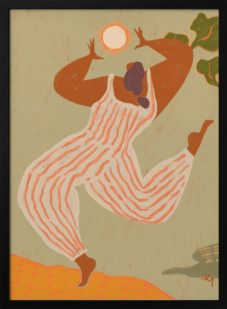 A stylized, painterly illustration of a woman with dark skin joyfully dancing or jumping. She wears a white and orange striped jumpsuit and raises her arms toward a bright sun against a muted green background. Print