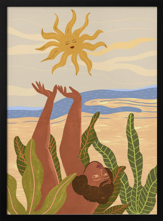 An art print titled 'Sun Worship' depicting a stylized sun, possibly with abstract or spiritual elements, in warm tones. Decor