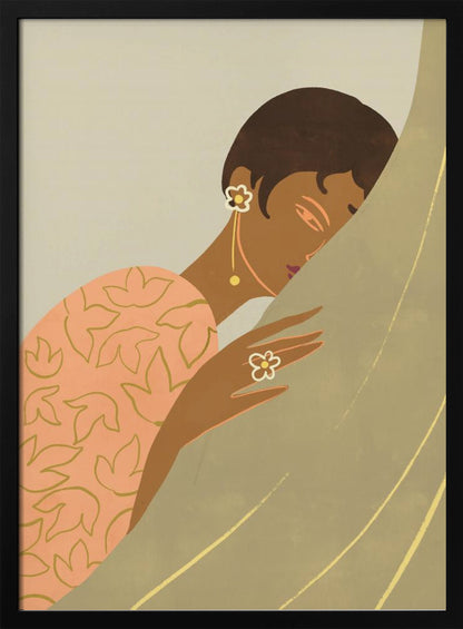 An Art Deco style illustration of a woman with dark skin and short hair, wearing a peach-colored patterned dress and flower-shaped jewelry. She is shown in profile, leaning her head against a muted green curtain with a serene expression. Print