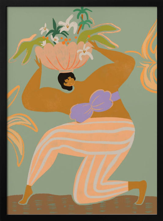 A stylized illustration of a woman kneeling against a sage green background. She has tan skin, black hair, and wears orange and white striped pants with a lavender bikini top. She holds a large pink bowl filled with white flowers and green tropical leaves on her head. Wall Art