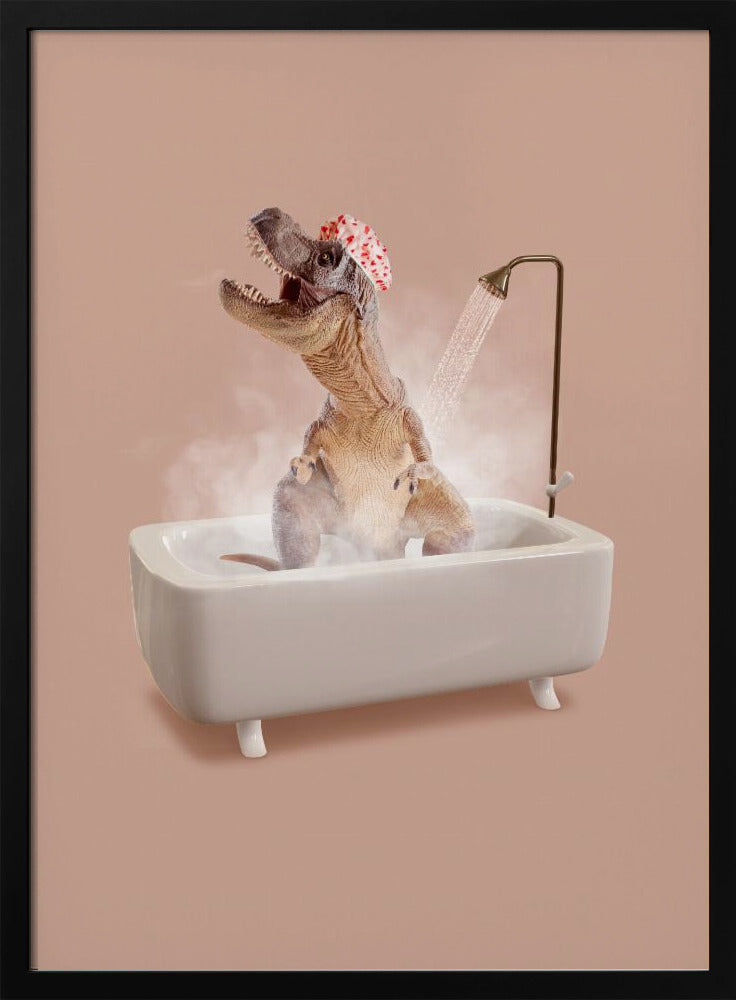 A humorous image of a Tyrannosaurus Rex wearing a red and white shower cap while taking a shower in a small white bathtub. The dinosaur has its head tilted back with its mouth open, enjoying the water, and is surrounded by steam against a dusty pink background. Print