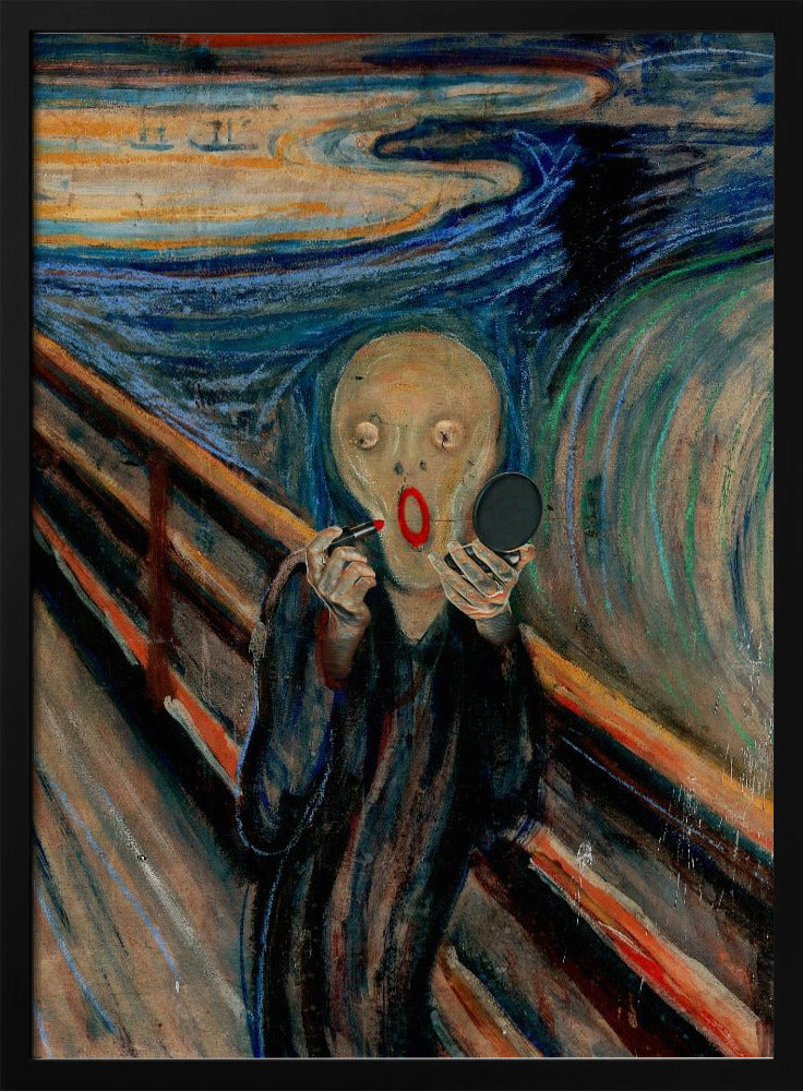A humorous parody of Edvard Munch's 'The Scream,' where the iconic despairing figure is comically applying bright red lipstick while looking in a handheld mirror against the turbulent, colorful backdrop. Print