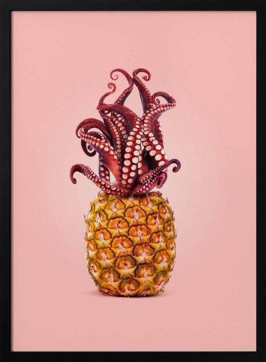 A surreal art print featuring a red octopus sitting atop a yellow pineapple, its tentacles curled upward like a crown, all against a solid light pink background within a black frame. Poster