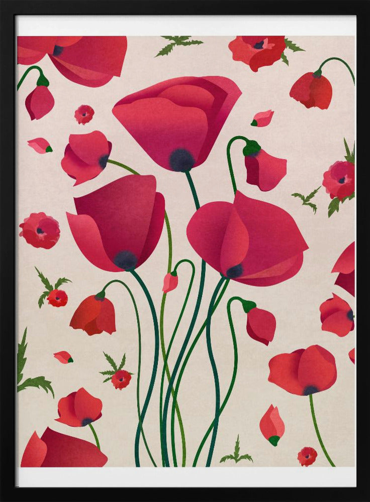 A stylized art print of various red poppy flowers against a light cream background. A central cluster of large poppies with long green stems is surrounded by smaller flowers, buds, and floating petals, creating a dynamic floral pattern inside a black frame. Wall Art