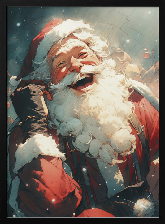An anime-style illustration of Santa Claus laughing heartily, his head tilted back in joy. He has a full white beard and is wearing his iconic red suit and hat, set against a snowy, blurred background. Poster