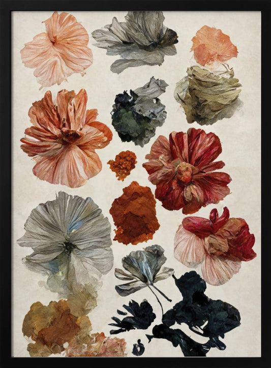 A framed art print displaying a collection of various flowers and petals on a cream-colored background. The flowers are in a painterly, illustrative style, with a muted color palette including terracotta, dusty rose, deep red, and shades of grey and charcoal. Poster