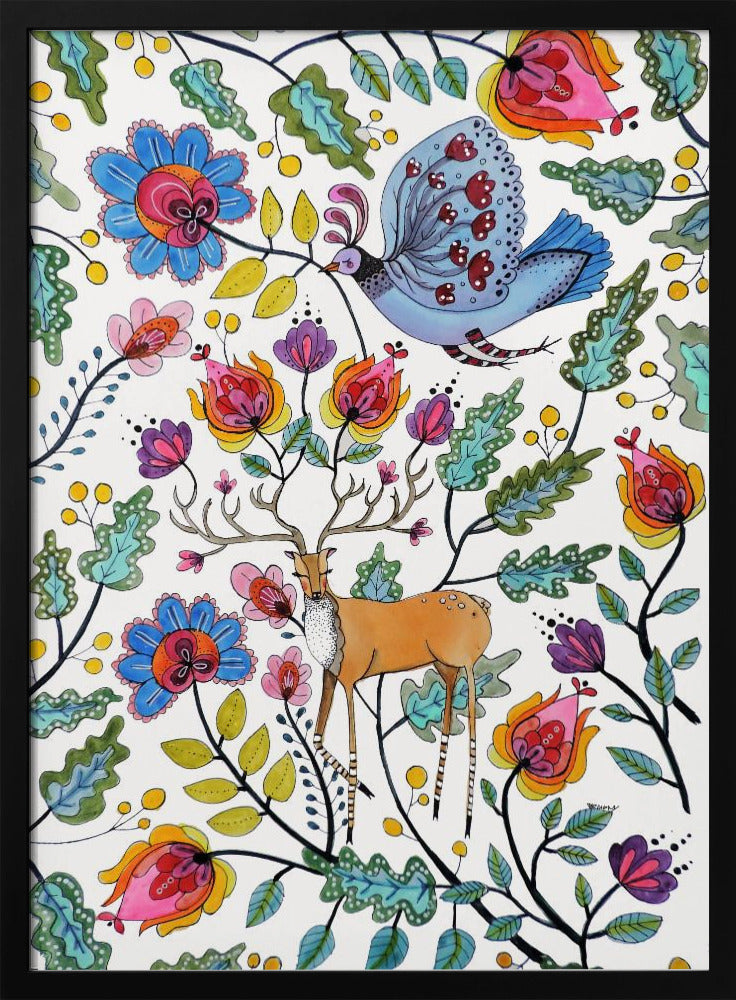 A vibrant, folk art-style illustration featuring a brown deer with large antlers and a blue patterned bird amidst a dense arrangement of colorful, stylized flowers and green leaves on a white background. Poster