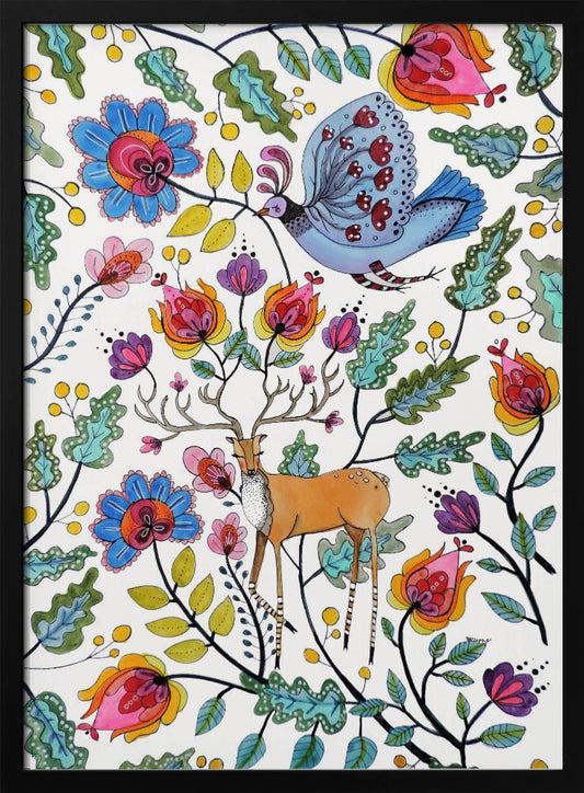 A vibrant, folk art-style illustration featuring a brown deer with large antlers and a blue patterned bird amidst a dense arrangement of colorful, stylized flowers and green leaves on a white background. Poster