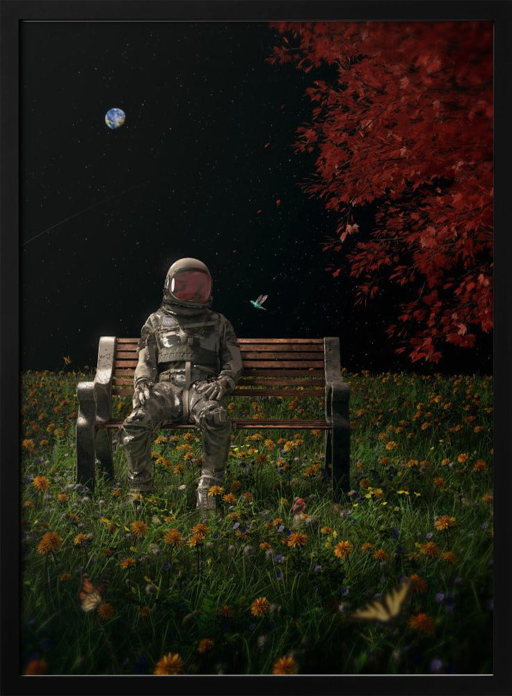 A surreal scene depicting an astronaut in a full spacesuit sitting alone on a wooden park bench in a vibrant field of wildflowers under a starry night sky. The planet Earth is visible in the distance, and a large tree with red leaves frames the right side of the image. Poster