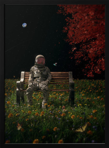 A surreal scene depicting an astronaut in a full spacesuit sitting alone on a wooden park bench in a vibrant field of wildflowers under a starry night sky. The planet Earth is visible in the distance, and a large tree with red leaves frames the right side of the image. Poster