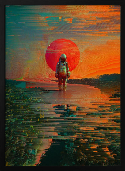 A surreal digital artwork of an astronaut standing in shallow water, with a giant red sun setting in the background against an orange and teal sky. The entire image has a heavy glitch-art effect, with horizontal streaks and pixel sorting that distorts the landscape and reflections. Print