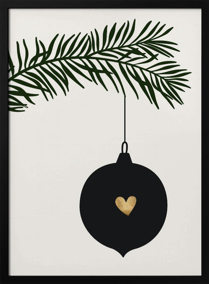 A minimalist digital illustration of a black Christmas ornament with a small gold heart in the center, hanging from a dark green pine branch against a cream-colored background, all enclosed in a thin black frame. Artwork