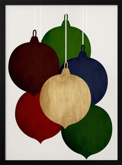 A modern art print showing a collection of six colorful Christmas ornaments in shades of red, green, blue, and gold, hanging against a plain off-white background. Decor