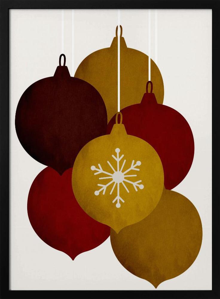 A minimalist illustration of five hanging Christmas ornaments in warm tones of gold, red, and brown. One central gold ornament is detailed with a white snowflake design against an off-white background. Artwork