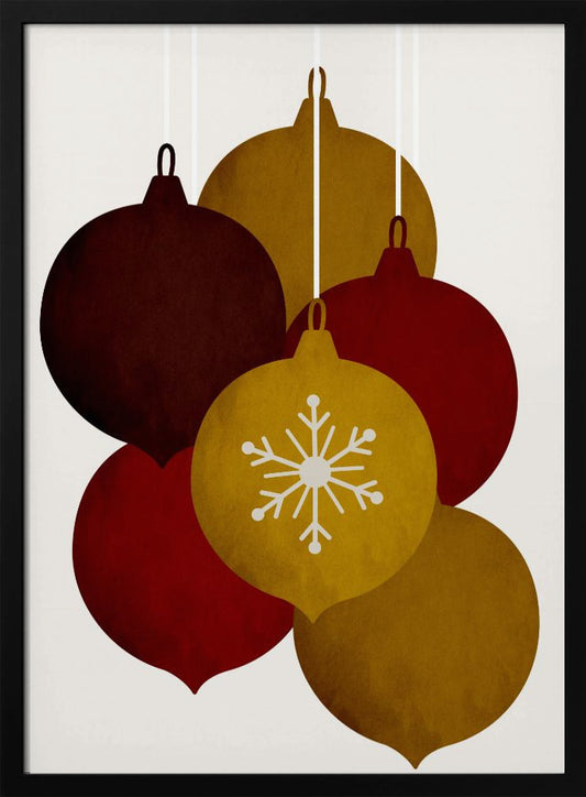 A minimalist illustration of five hanging Christmas ornaments in warm tones of gold, red, and brown. One central gold ornament is detailed with a white snowflake design against an off-white background. Artwork