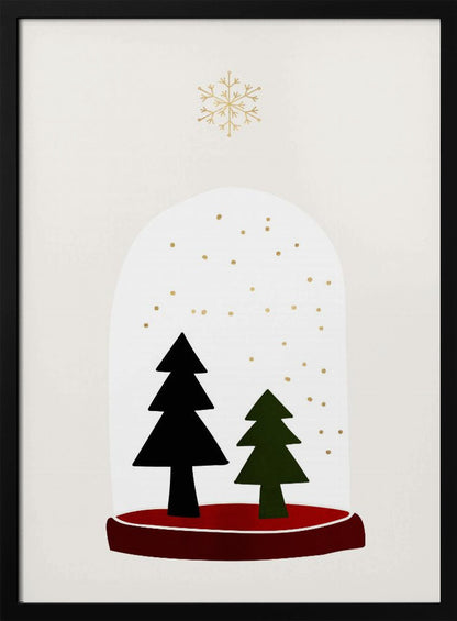A minimalist illustration of a snow globe against an off-white background. Inside the globe are two simple evergreen trees, one black and one green, with gold dots falling like snow. The globe has a red base, and a single large gold snowflake floats above it. The artwork is enclosed in a thin black frame. Decor
