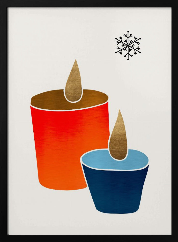 A minimalist illustration of two stylized candles, one large and red-orange, the other small and blue, both with gold flames. A single black snowflake is in the top right corner against an off-white background, all within a black frame. Poster