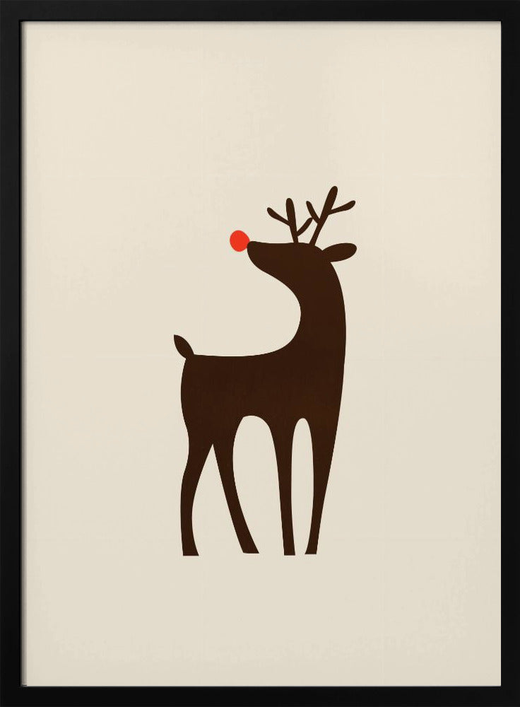 A minimalist art print of a stylized brown reindeer with a bright red nose, standing in profile against a cream-colored background, all enclosed in a simple black frame. Print