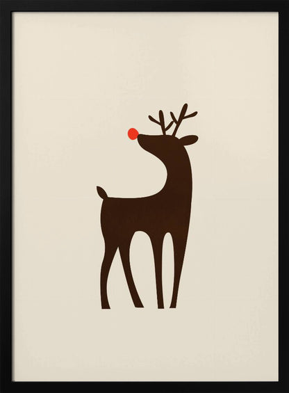 A minimalist art print of a stylized brown reindeer with a bright red nose, standing in profile against a cream-colored background, all enclosed in a simple black frame. Print